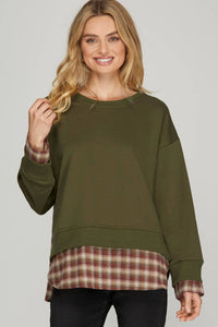 She + Sky - Long Sleeve Sweatshirt With Contrast Plaid Top