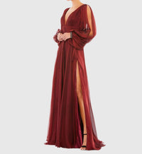 Mac Duggal - V-neck A-line Chiffon Gown Beaded Cuffs
