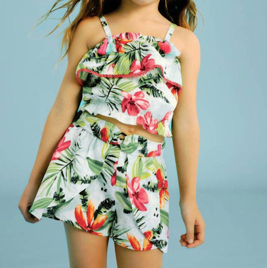 Mayoral - Girls Ruffled Top And Tropical Floral Skort Set
