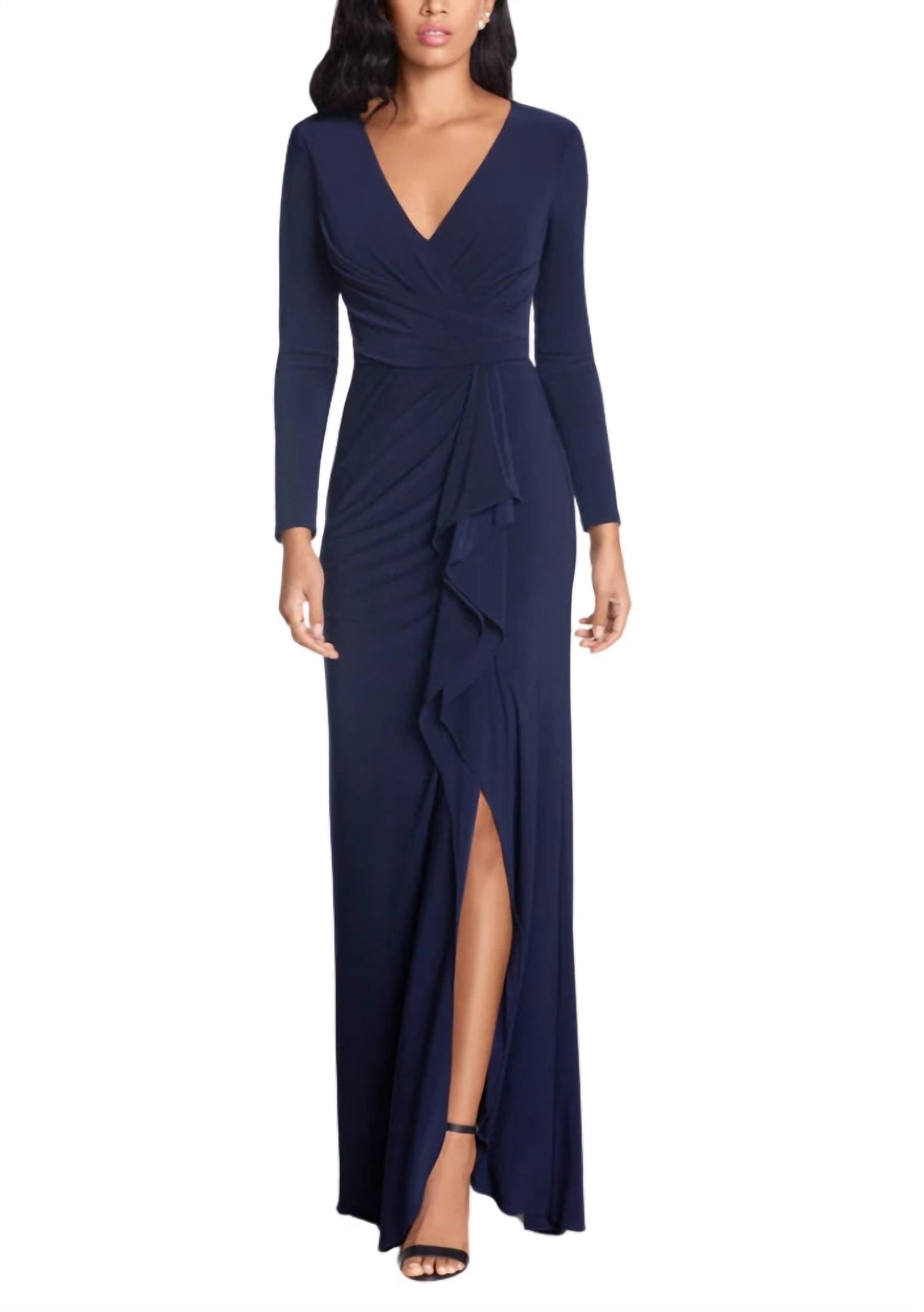 Betsy & Adam - Women's Elle Deep High Ruffled Side Slit Gown Dress