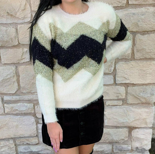 Chevron Metallic Fuzzy Sweater