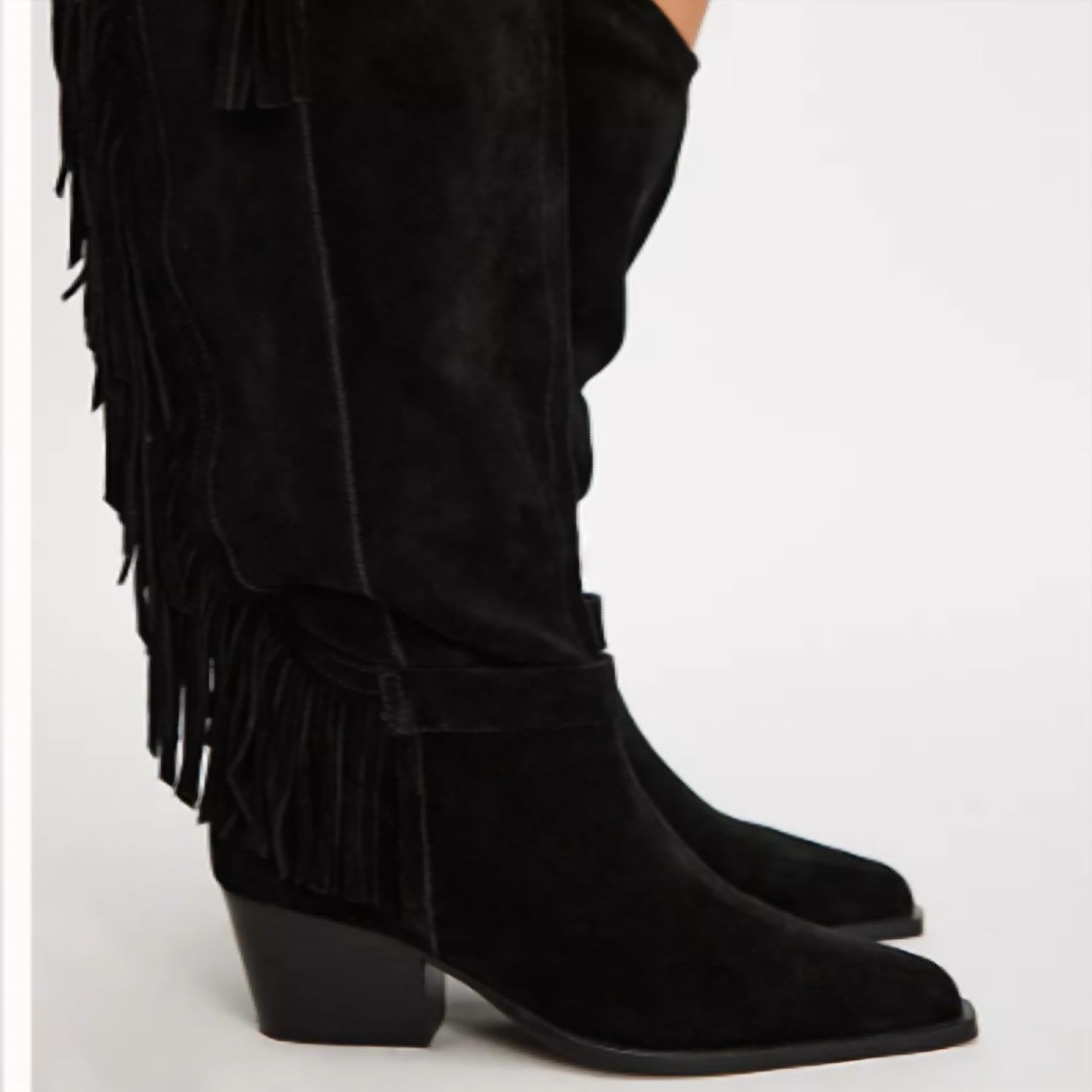 Free People Women's Faith Fringe Western Boots in black suede - women's shoe - detail view