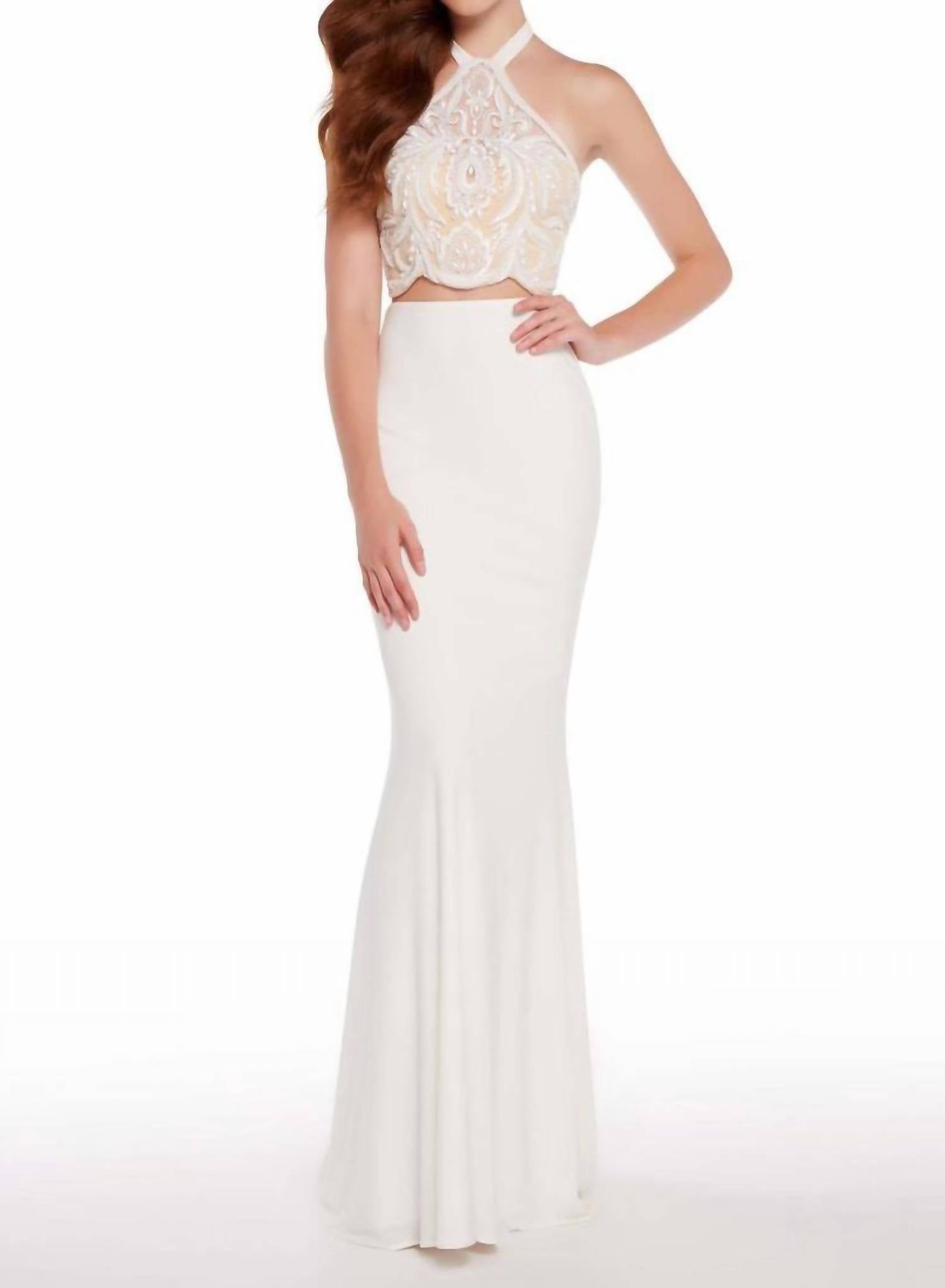 ALYCE PARIS Two Piece Halter Neck Embroidered Long Gown in white nude - women's dress