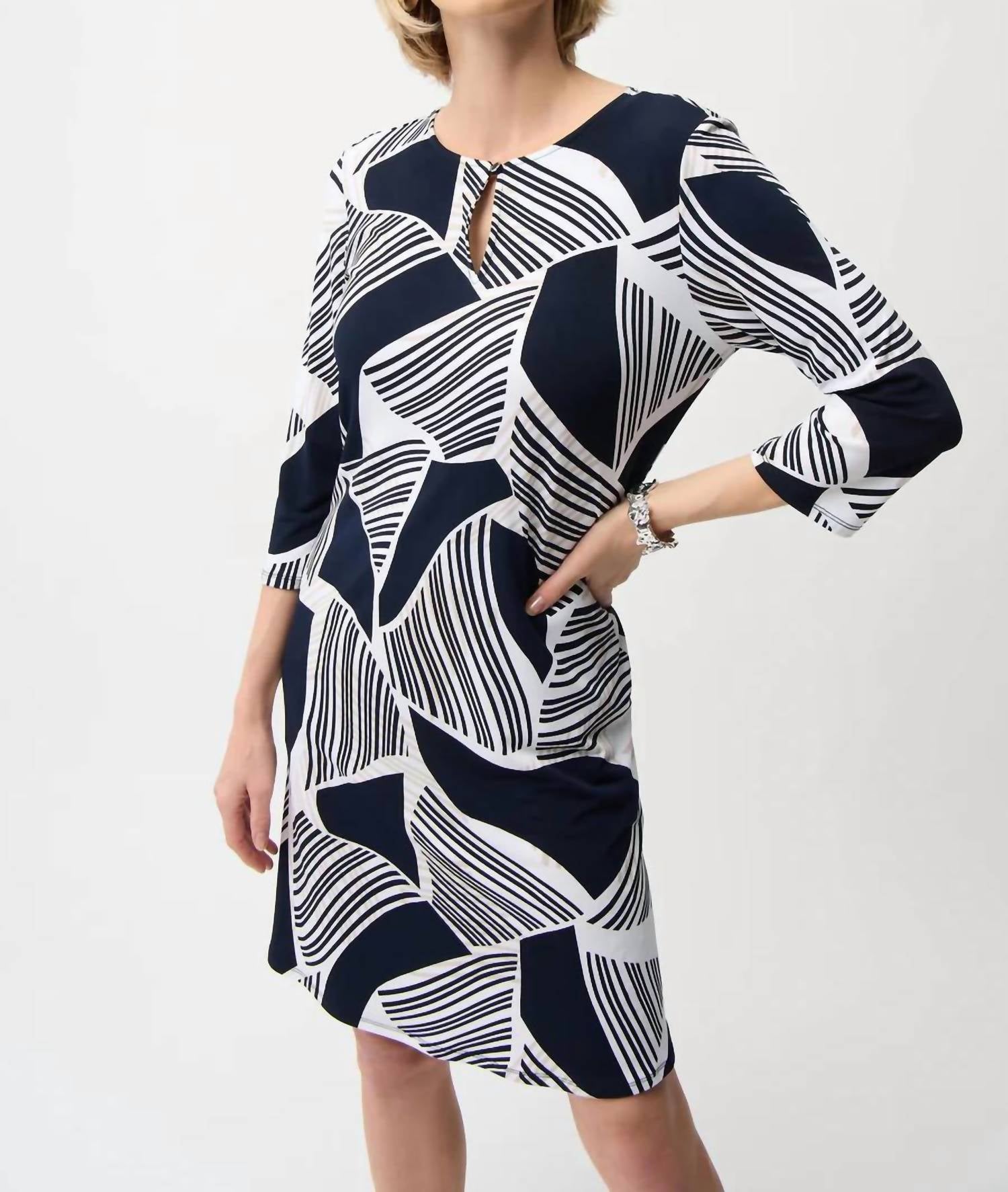 Joseph Ribkoff - Silky Knit Geometric Print Dress with Keyhole