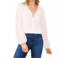 CeCe Long Sleeve Tie Up V-neck Blouse in off white - women's blouse