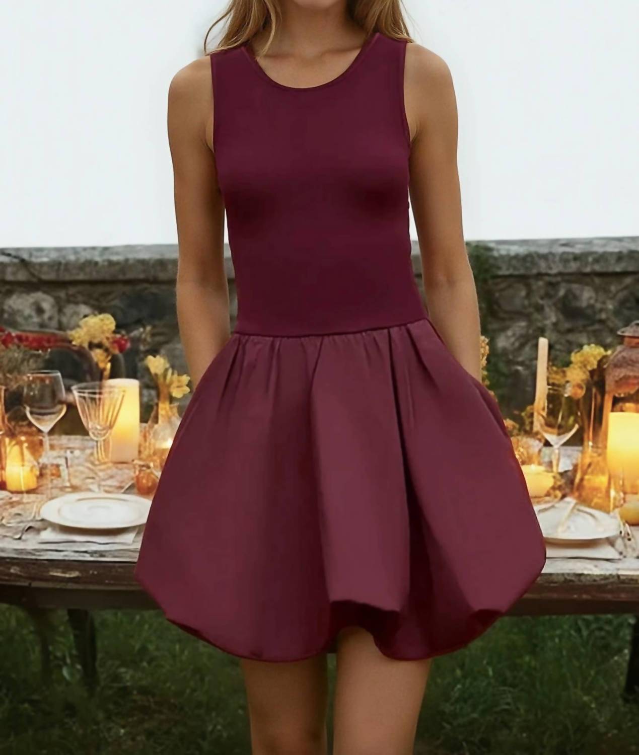 naked zebra Sleeveless Bubble Skirt Mini Dress in wine - women's dress