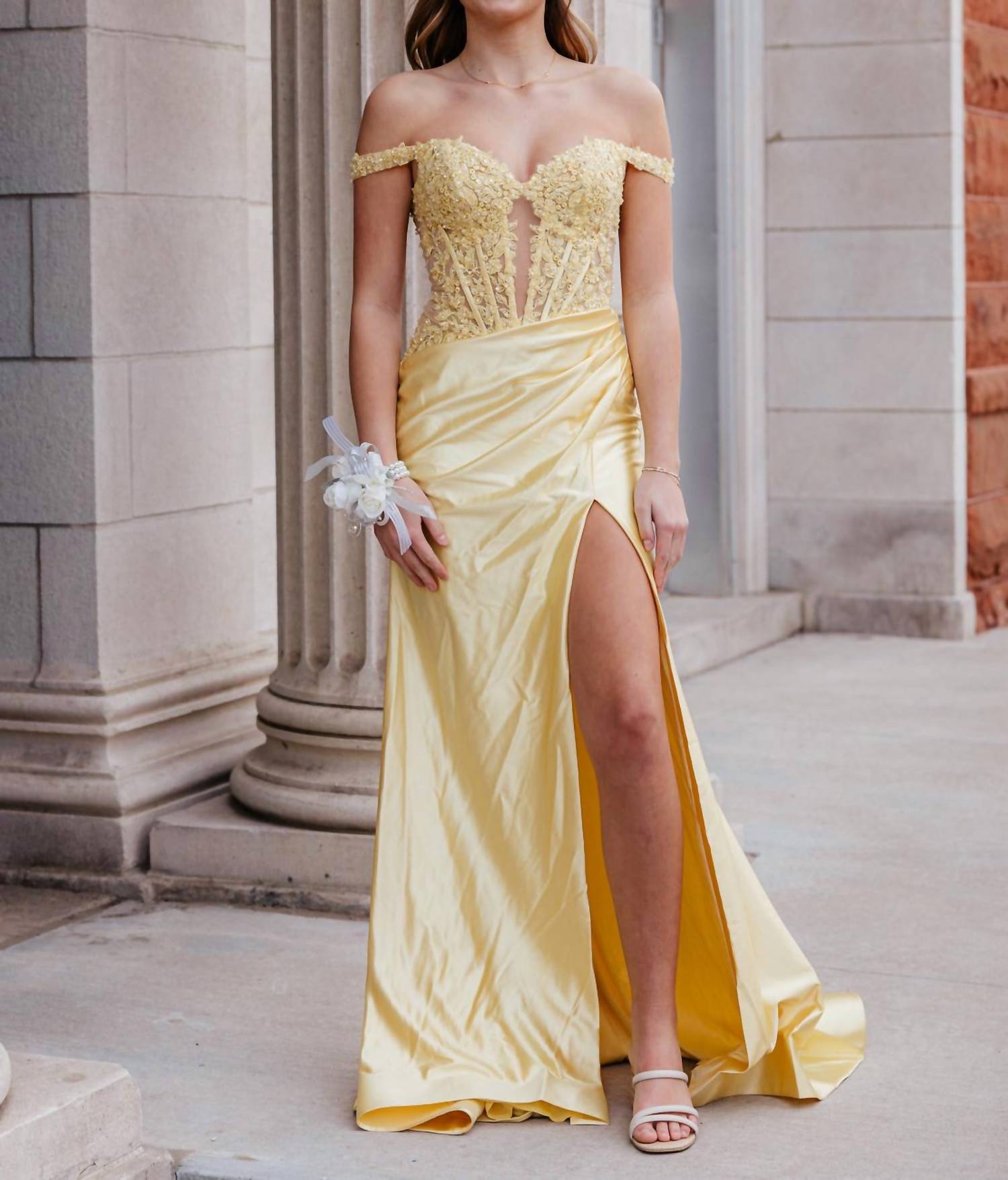 Sherri Hill Off The Shoulder Fitted Prom Dress in yellow - women's dress - alternate view