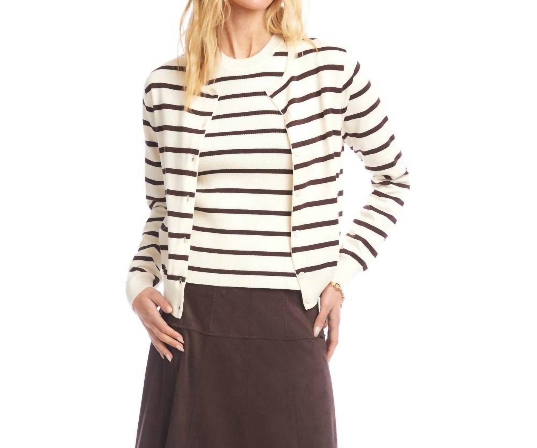 Karen Kane Stripe Cardigan Sweater in cream - women's cardigan - detail view