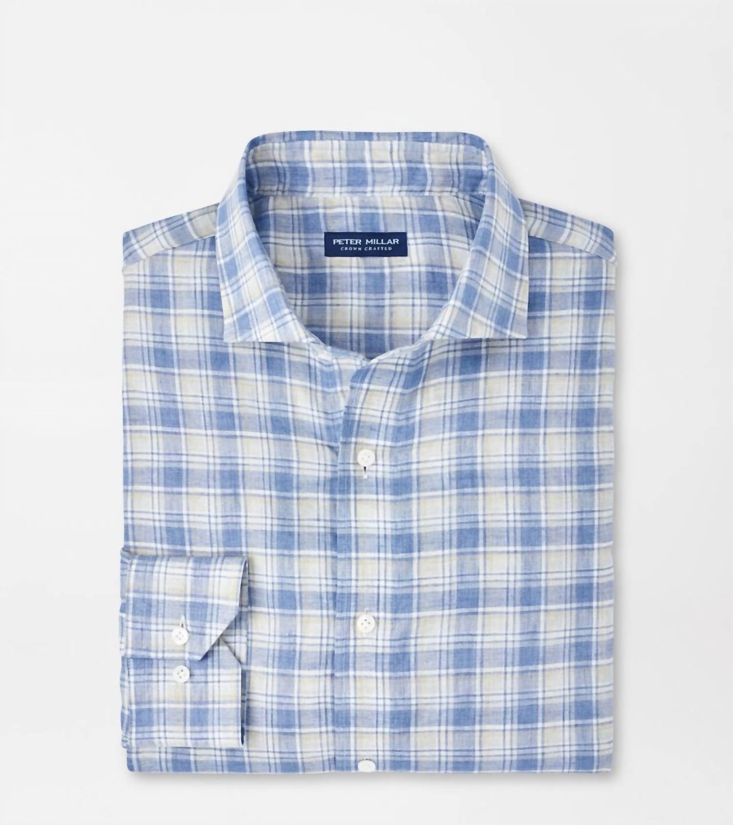 PETER MILLAR Ravello Linen Plaid Shirt in angelite - men's shirt - detail view