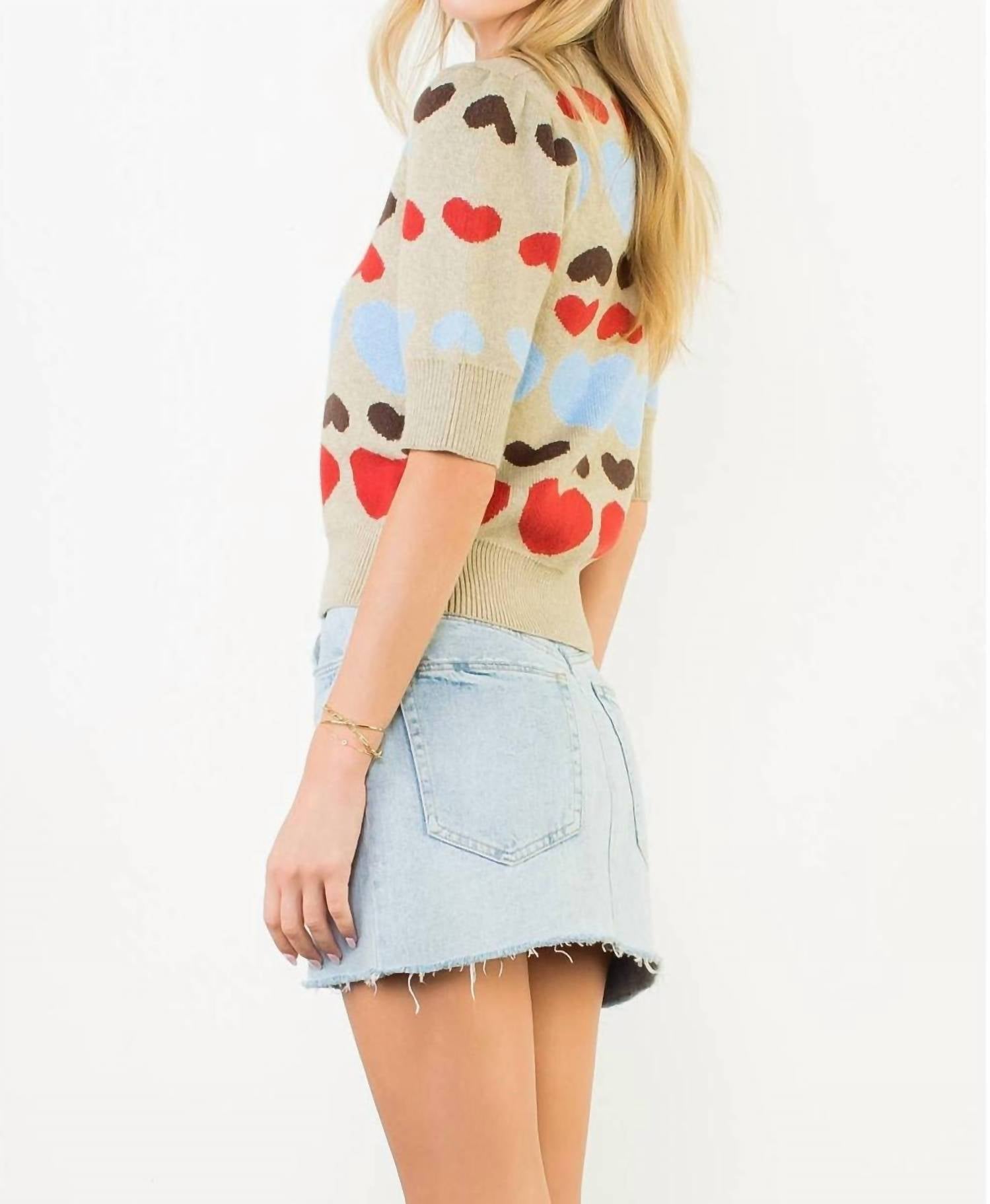 THML With All My Heart Short Sleeve Heart Knit Top in beige multi - women's sweater - detail view
