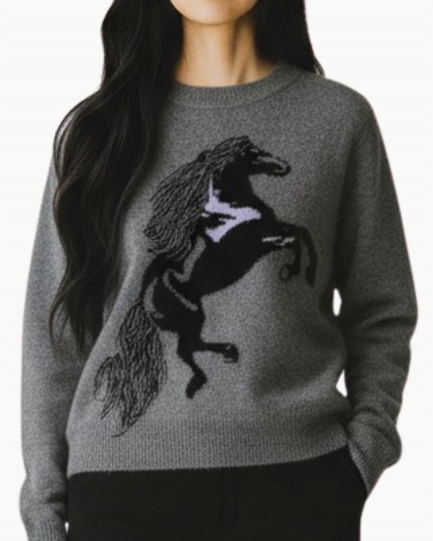 Autumn Cashmere - Intarsia Horse Crewneck With Fringe Sweater