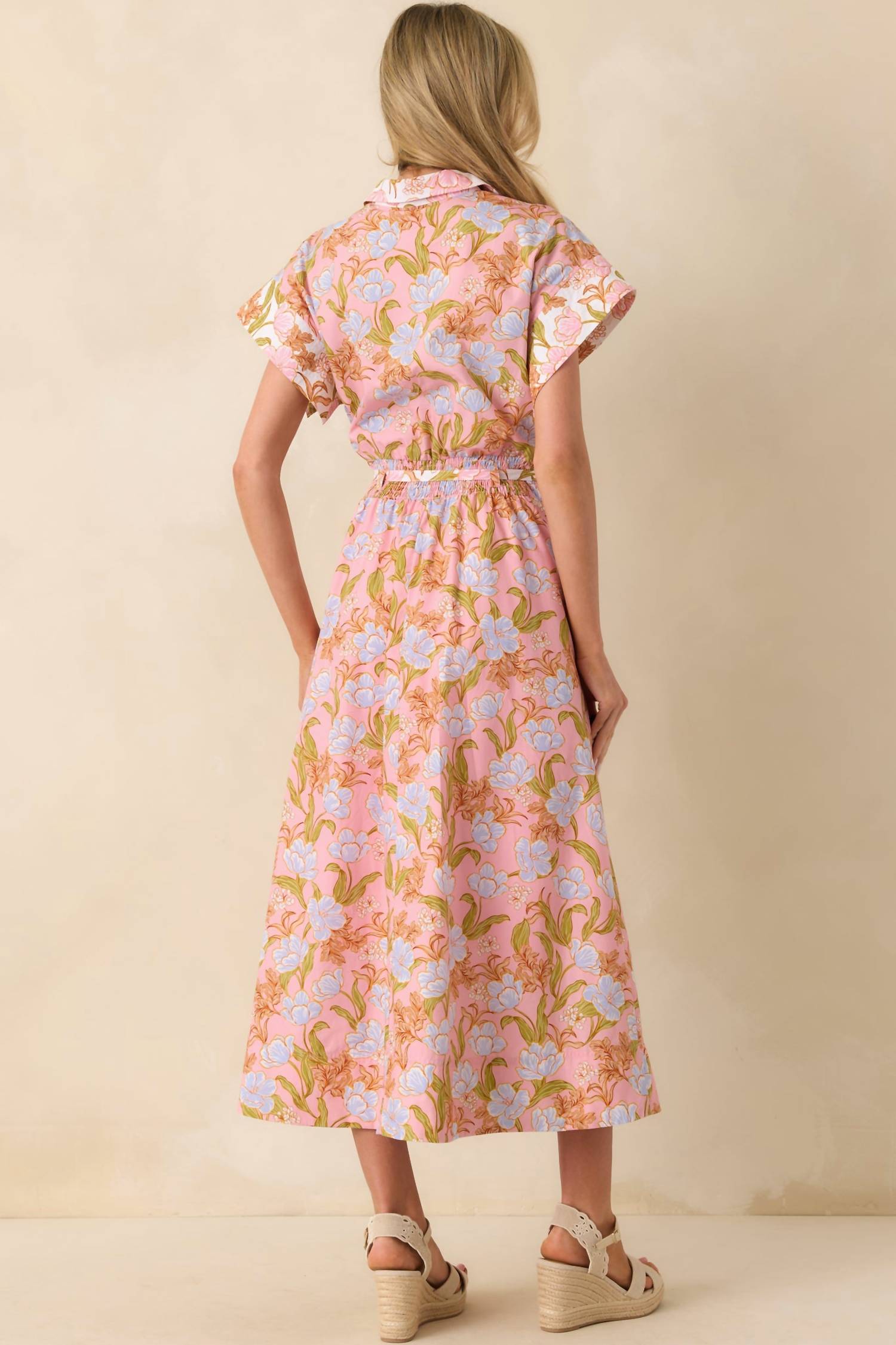 Strut & Bolt - Floral Print Block Shirt Midi Dress