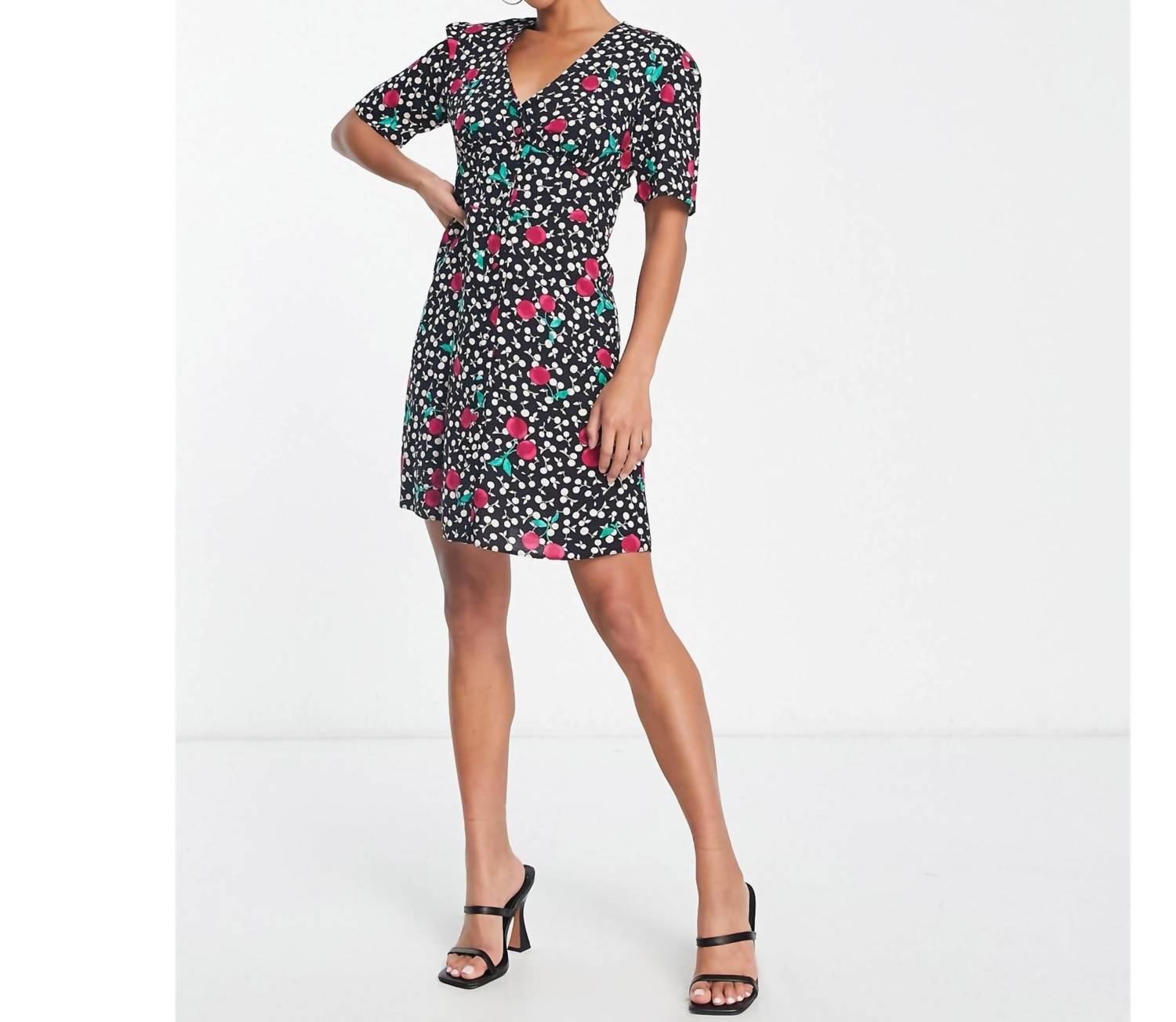 Nobody'S Child - Cherry Short Sleeve Button Front Mini Dress