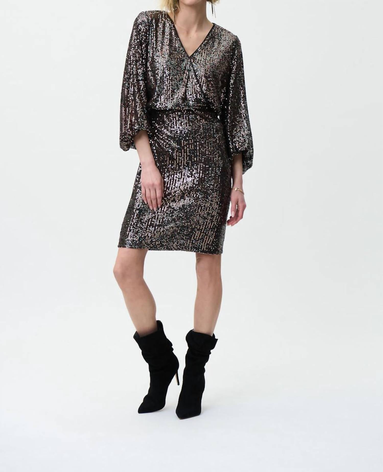 Joseph Ribkoff Sequin V Neck Mini Dress in black multi - women's dress - view 6