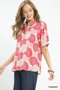 Umgee - Floral Collared Short Sleeve Blouse