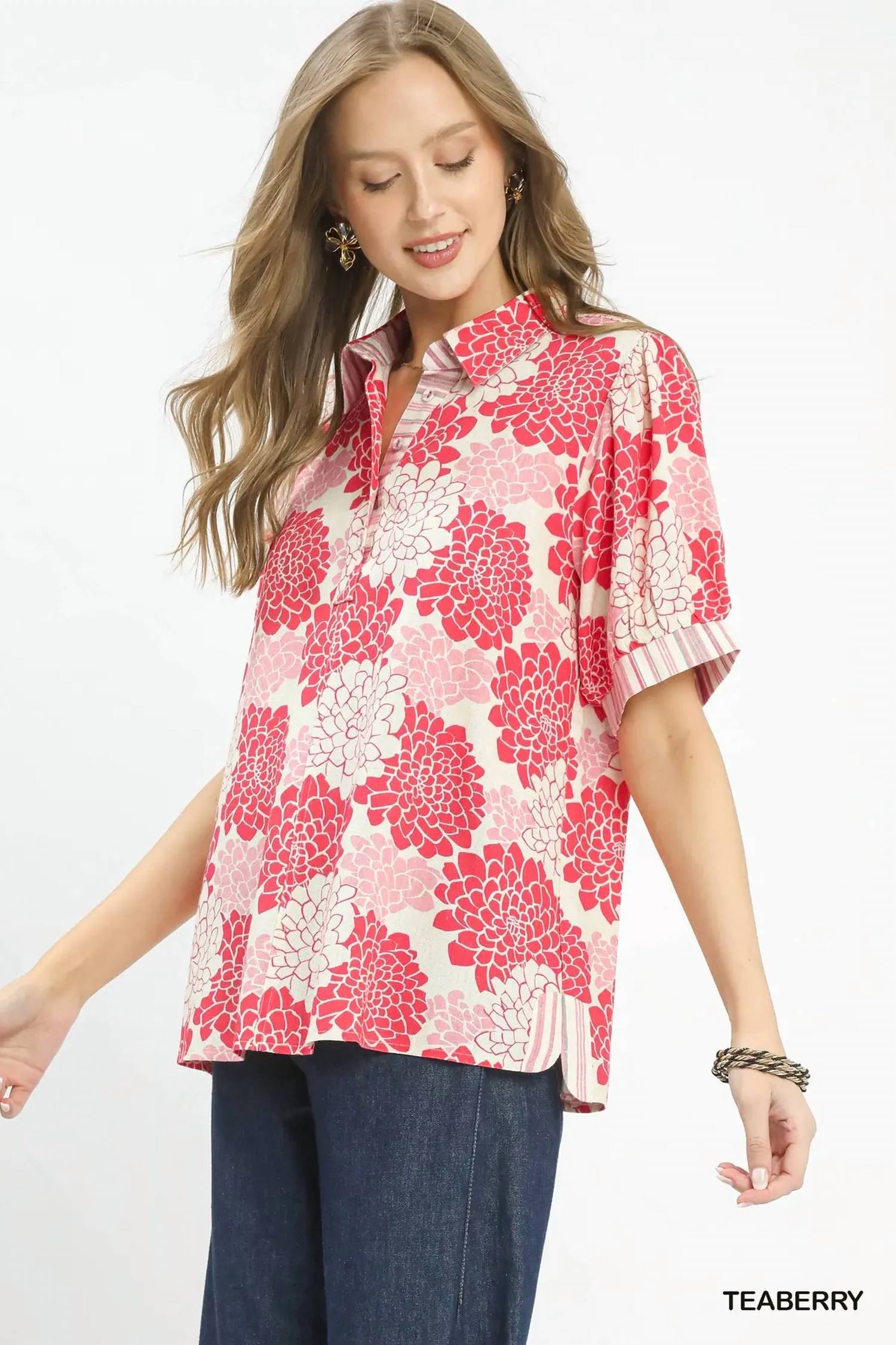 Umgee - Floral Collared Short Sleeve Blouse