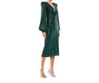 Mac Duggal - Sequin Mesh Plunge Midi Dress