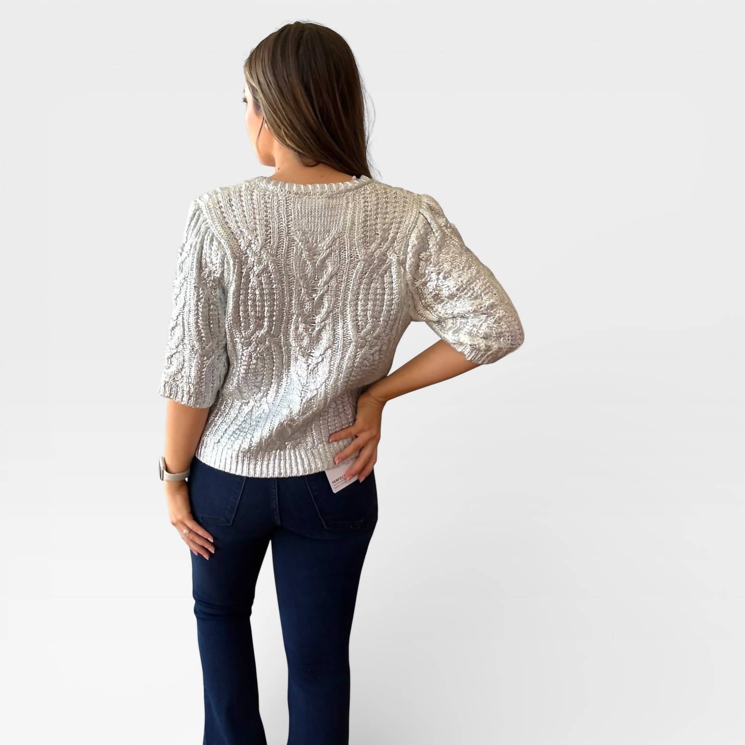 THML Cable Knit Crew Sweater in metallic grey - women's sweater - detail view
