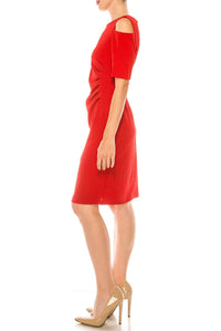 Ile Clothing - Side Pleat Cold Shoulder Sheath Dress