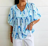 Faire - Striped Floral Bubble Sleeve Blouse