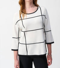 Joseph Ribkoff Geometric Hip-length Scoop Neck Top in vanilla black - women's blouse