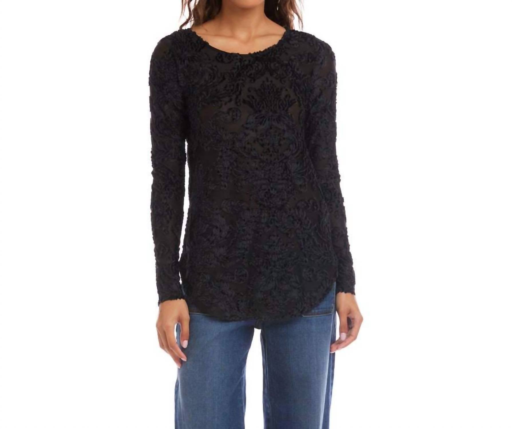 Karen Kane Long Sleeve Velvet Jacquard Shirttail Top in black - women's long sleeve top