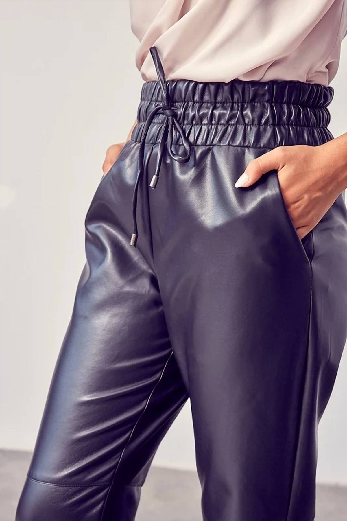 Dobe - Smocked Waist Pu Pants
