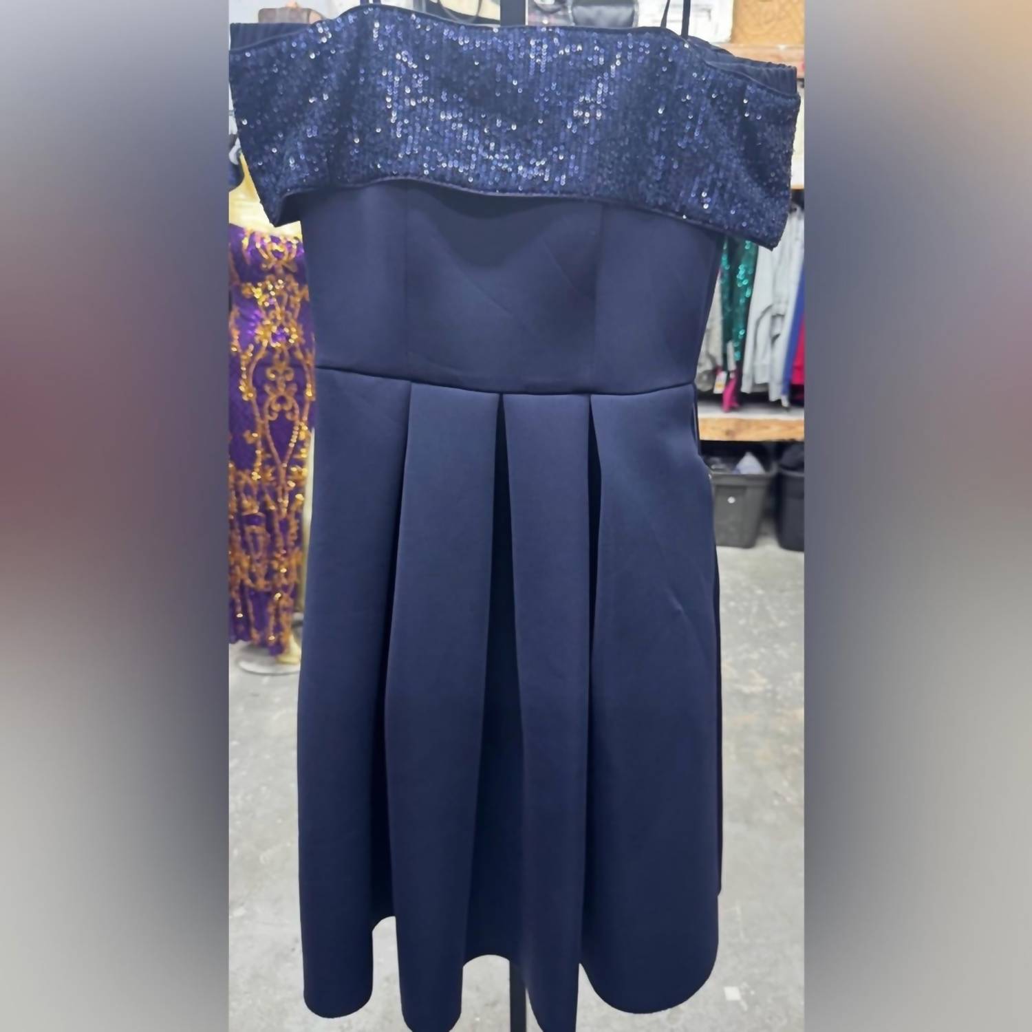 Eliza J Off Shoulder Sequin Mini Dress in navy - women's dress - alternate view