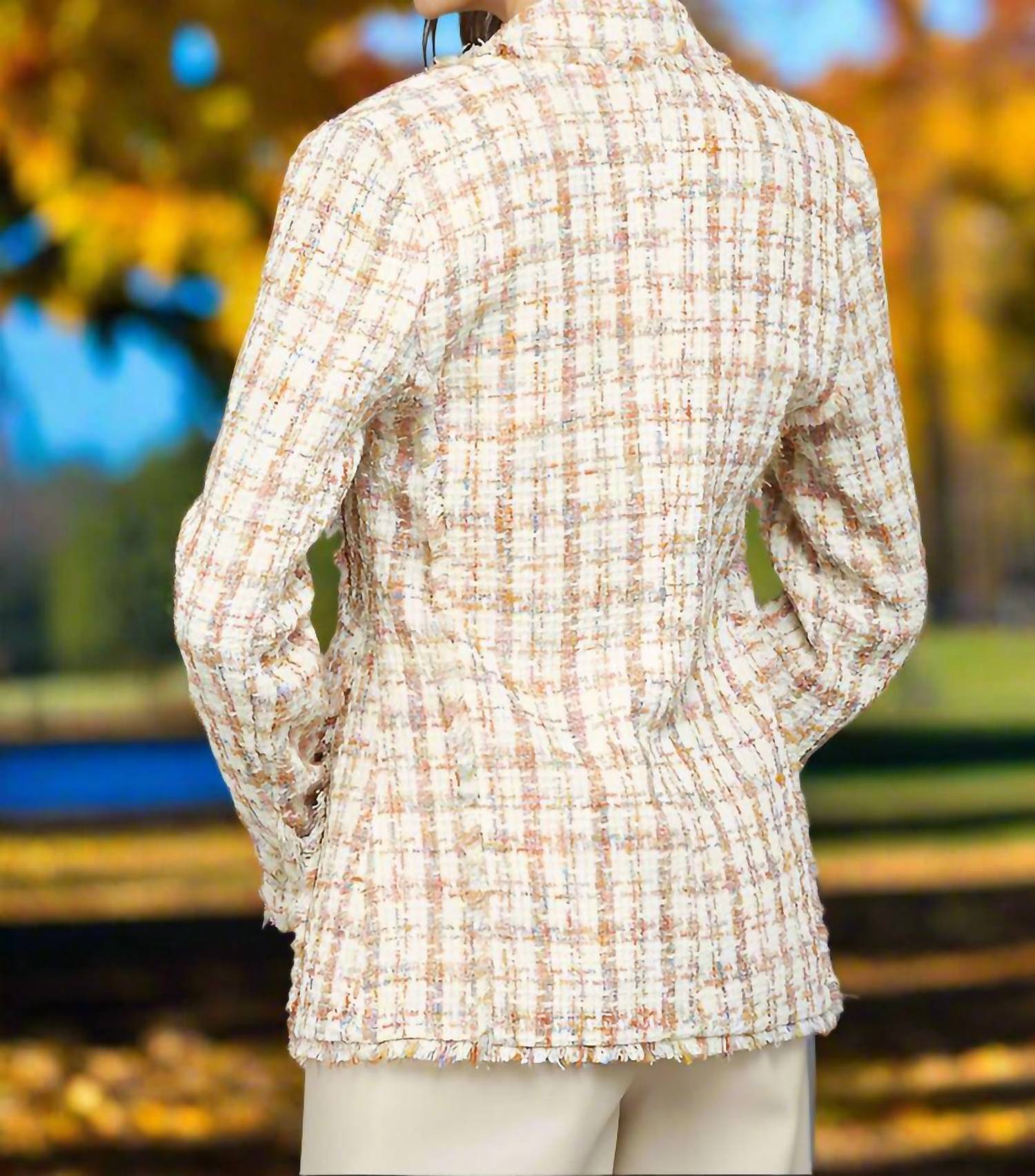 Fate Fray Detail Tweed Blazer in ivory multi - women's jacket - detail view