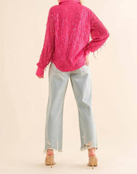 Blue B - Sequin Stripe Fringe Button Up Shirt Blouse