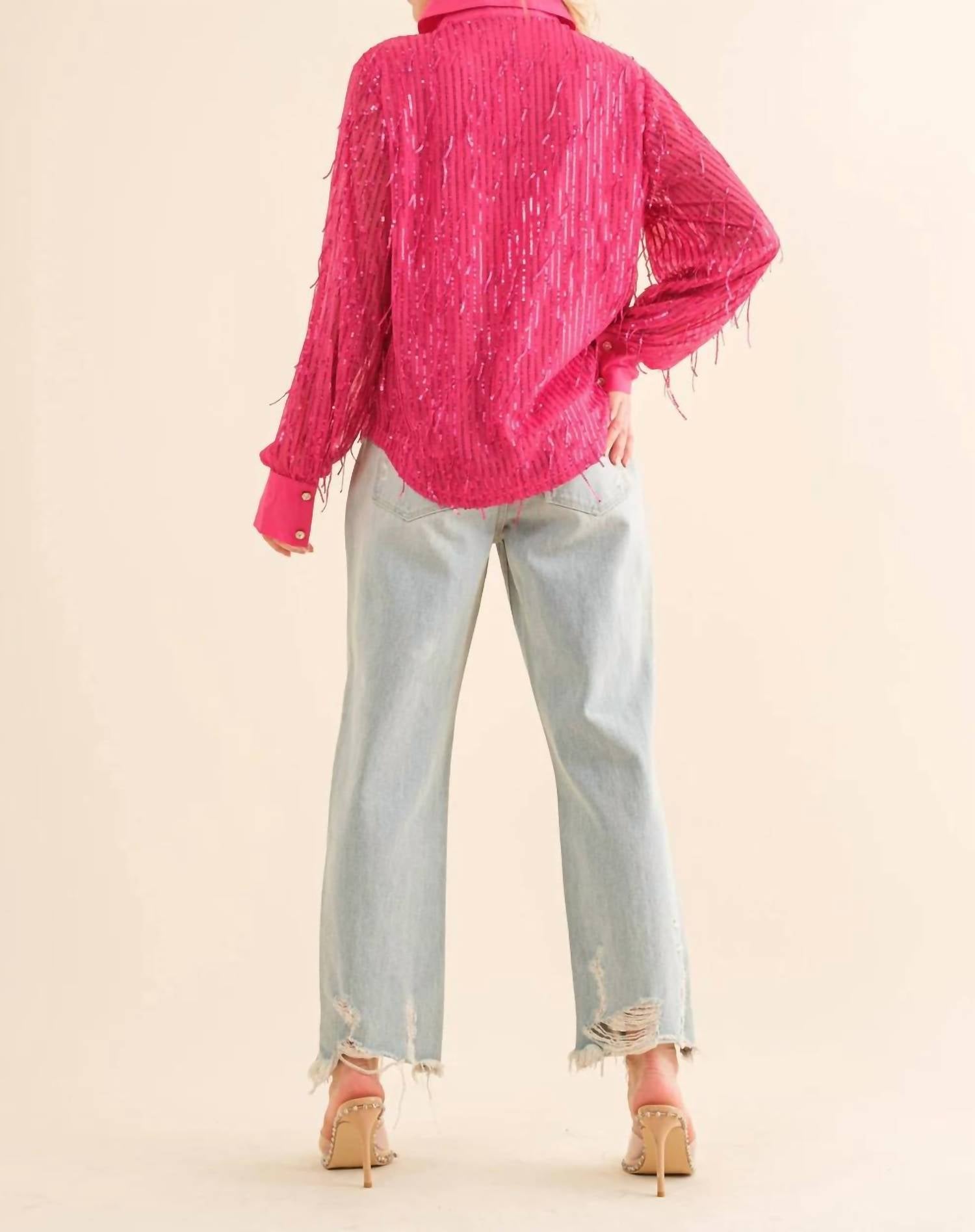 Blue B - Sequin Stripe Fringe Button Up Shirt Blouse