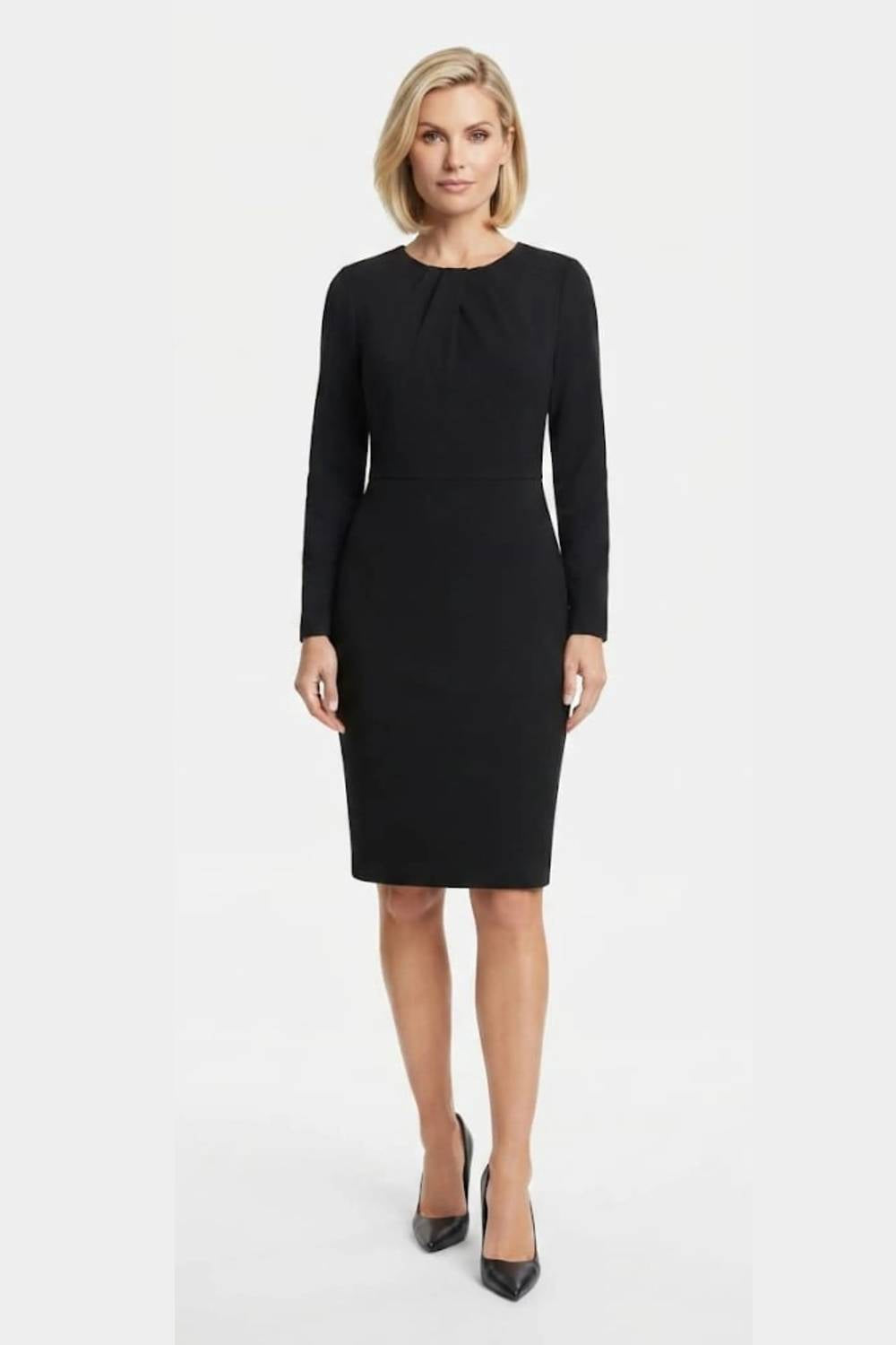 Maggy London - Long Sleeve Pleated Neck Sheath Dress