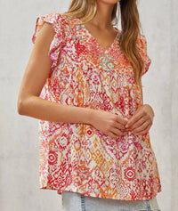 Savannah Jane - Babydoll Print Top with Floral Embroidery