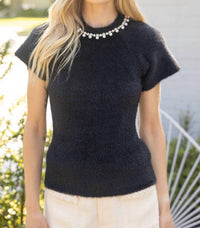 Voy - Pearl Neckline Short Sleeve Fur Knit Top