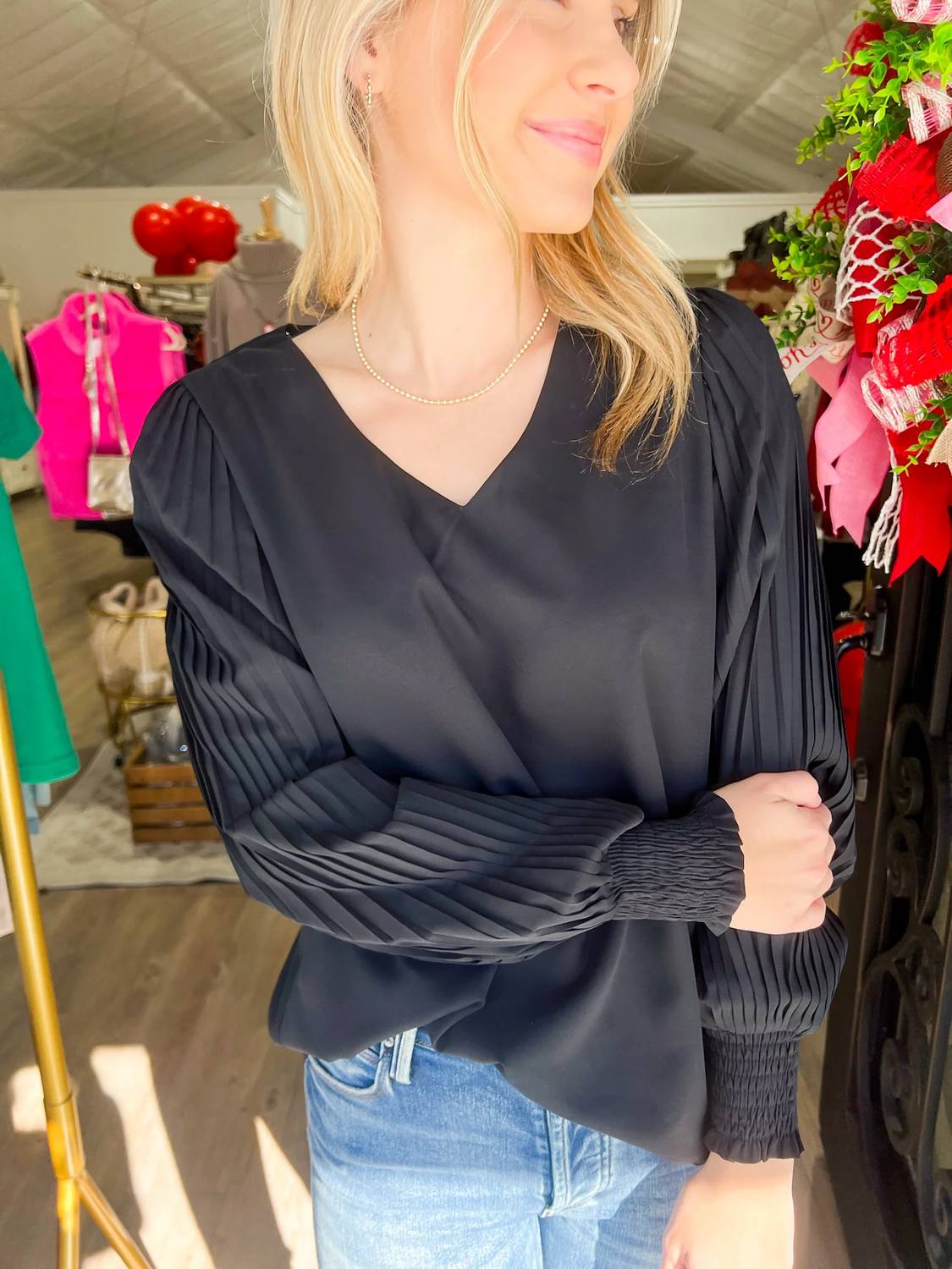 Staccato - Pleated Sleeve V Neck Blouse
