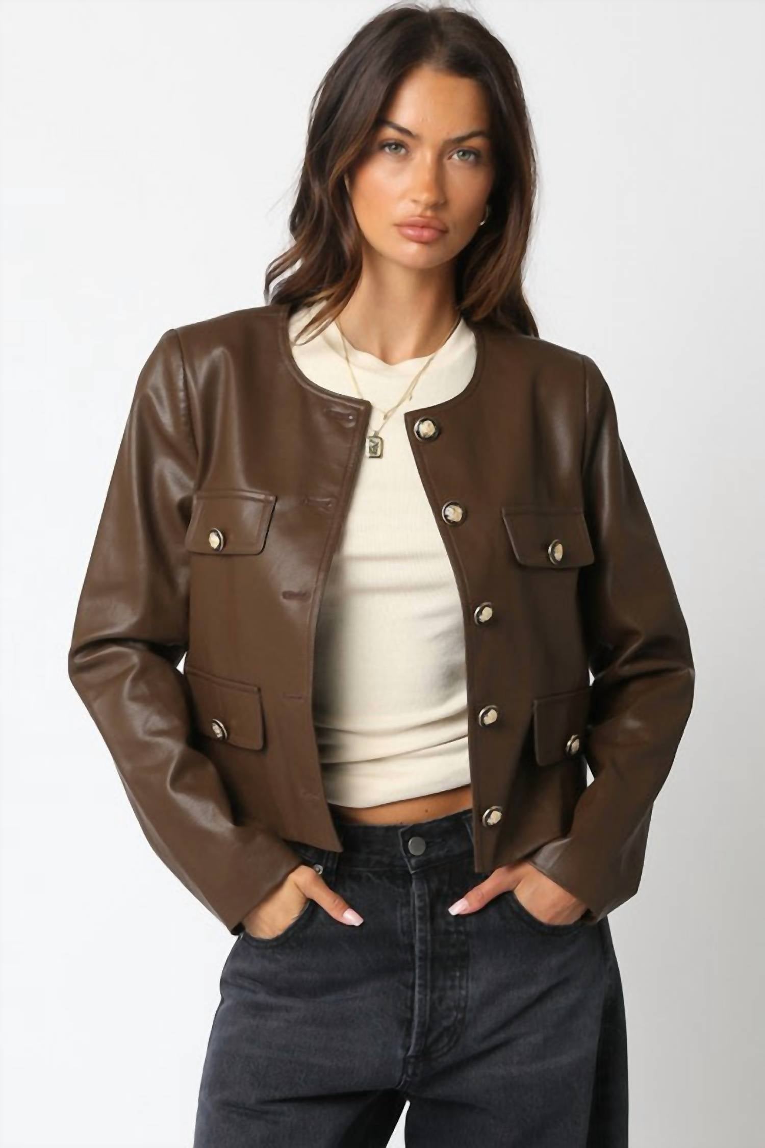 Olivaceous - Romi Faux Leather Jacket With Buttons
