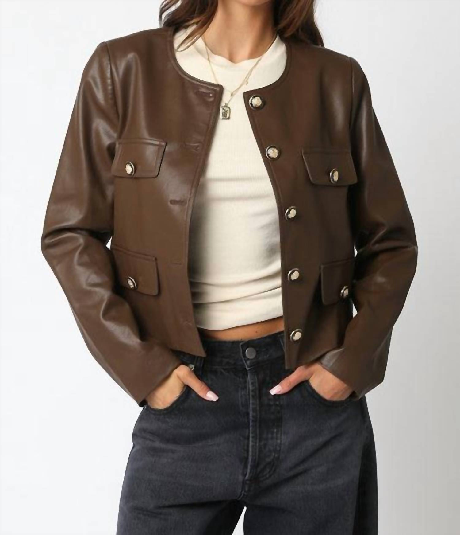 Olivaceous - Romi Faux Leather Jacket With Buttons