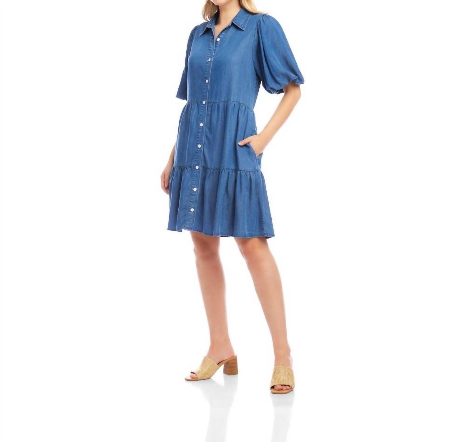 Karen Kane - Puff Sleeve Tiered Shirtdress - Petite