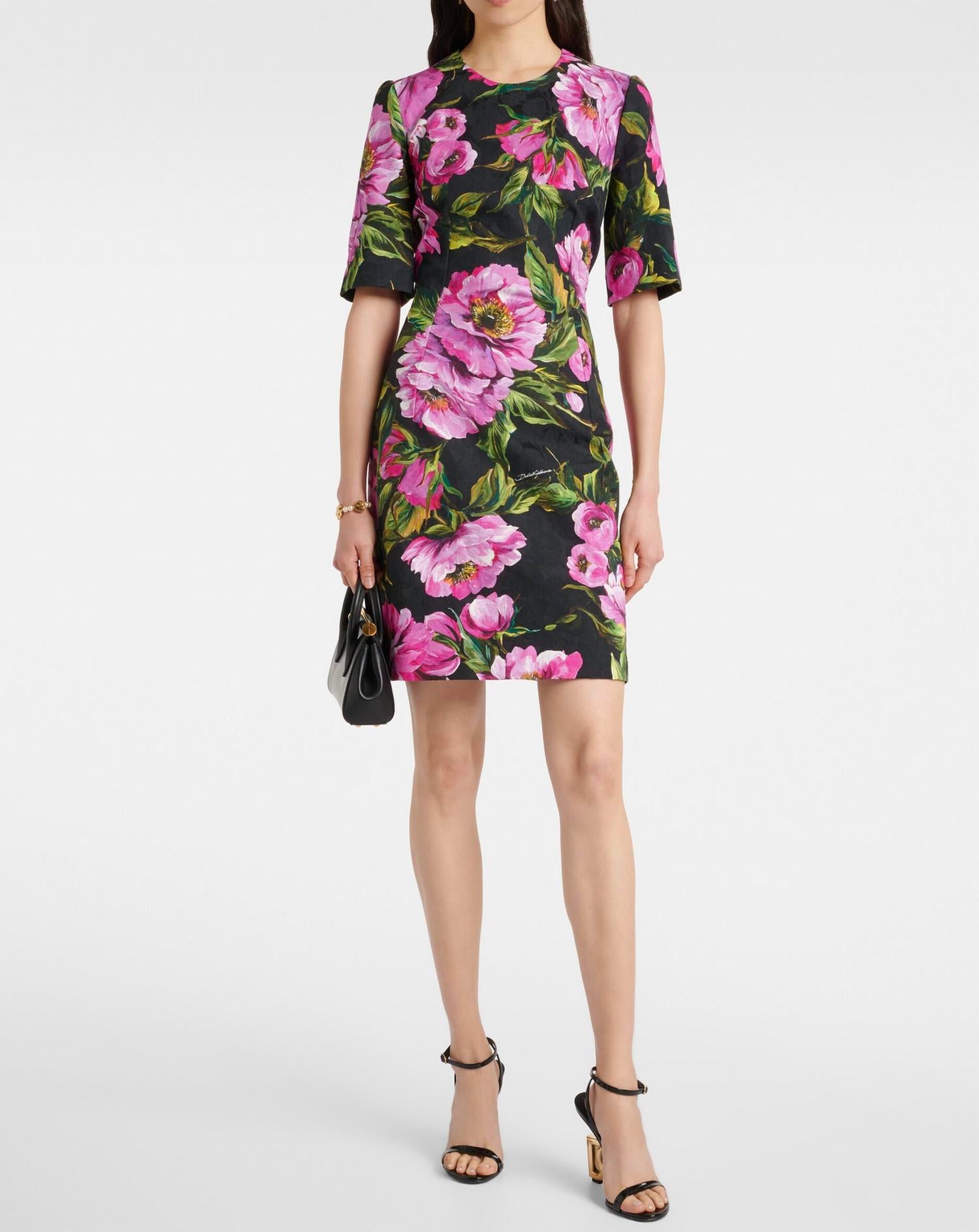 Dolce & Gabbana WOMEN'S FIT AND FLARE DRESS in peony print in black peony - women's intimate - detail view