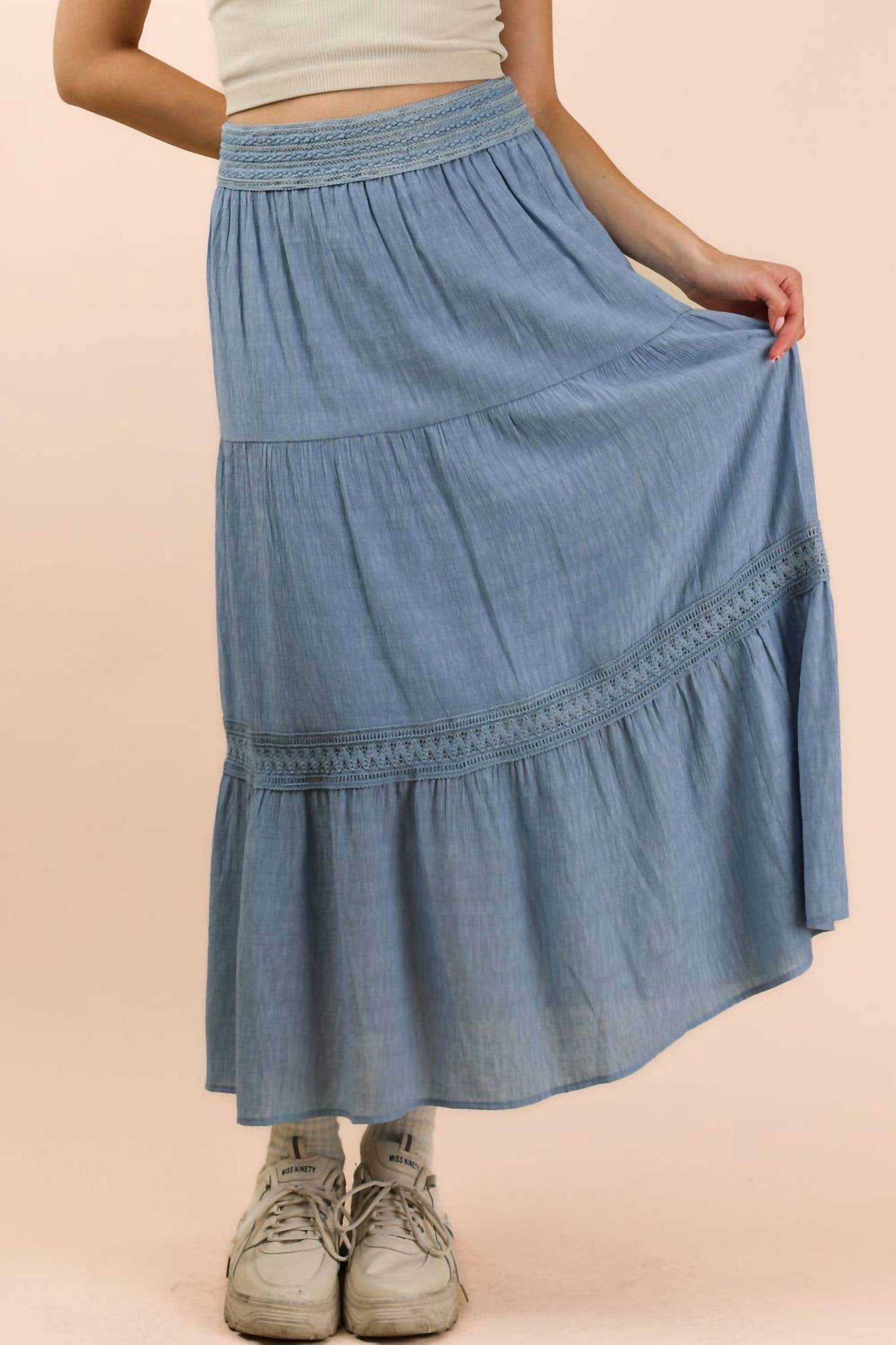 Very J - Tiered Layers Solid Woven Skirt With Lace Trim