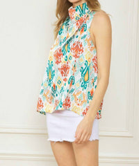 Entro - High Neck Drape Print Top