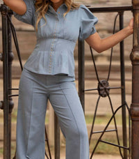 Emily McCarthy Britt Puff Sleeves Top in denim 1 - women's blouse - view 5