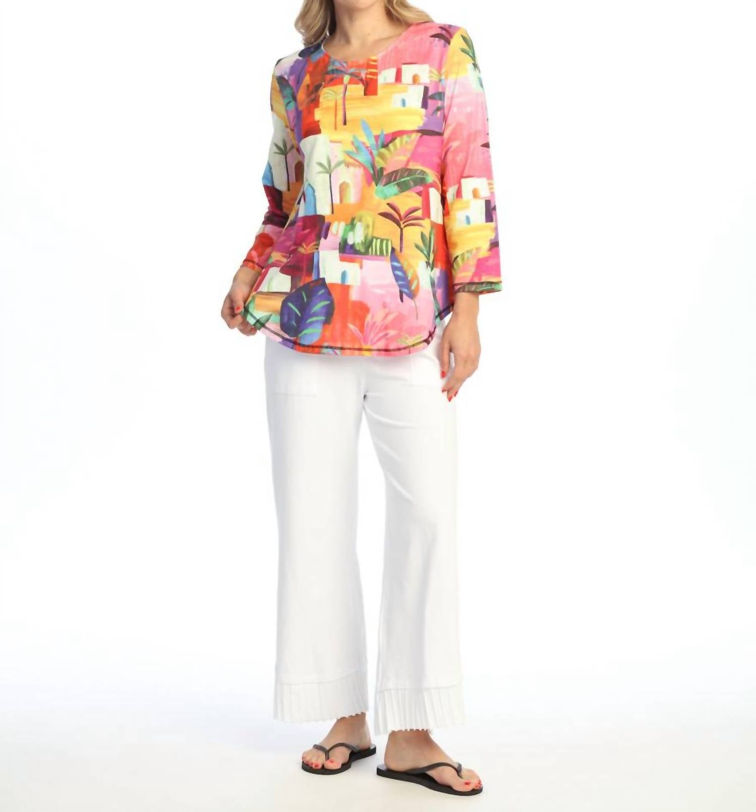 Jess & Jane Cancun Round Neck Three Quarter Sleeve Top in multi color - women's blouse