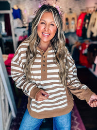 Very J - Oversized Striped Half Button Down Top