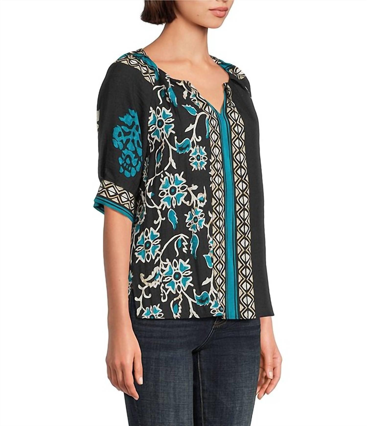 Tru Luxe - Floral Border Print Split V-neck Elbow Sleeve Top
