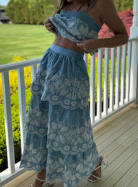 Mint - Chambray Embroidered Top & Maxi Skirt Set
