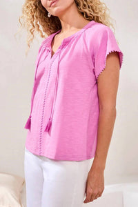 Tribal - Cotton Slub Split Neck Tassel Top