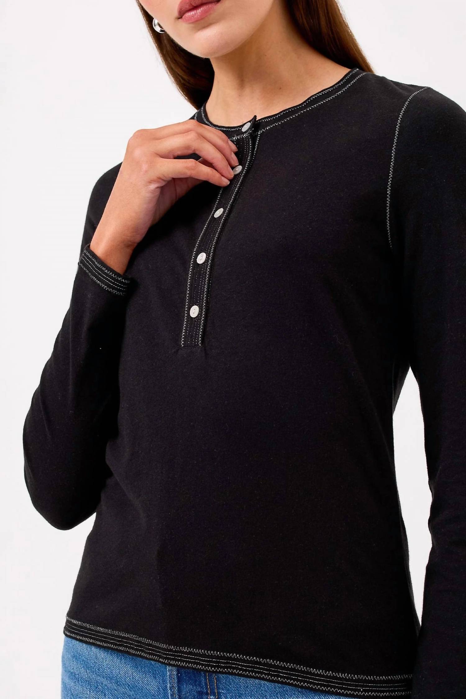 GOLDIE Celine Henley Top in black - women's long sleeve top - detail view