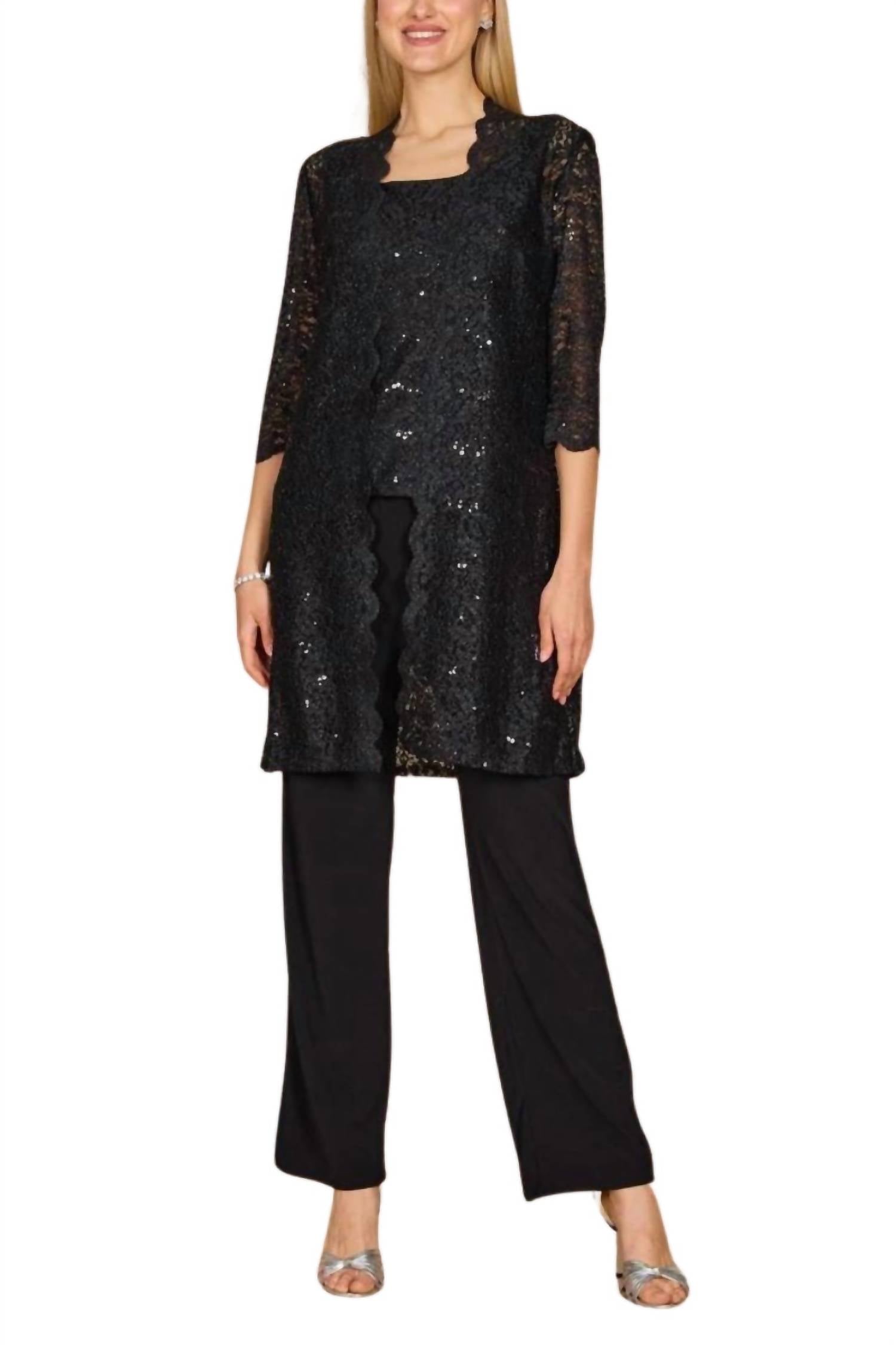 R&M Richards - Metallic Lace Tank Top And Pant Set With Sheer Lace Jacket