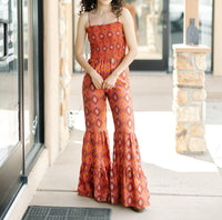 Wisteria Lane - Boho Print Smocked Flared Jumpsuit